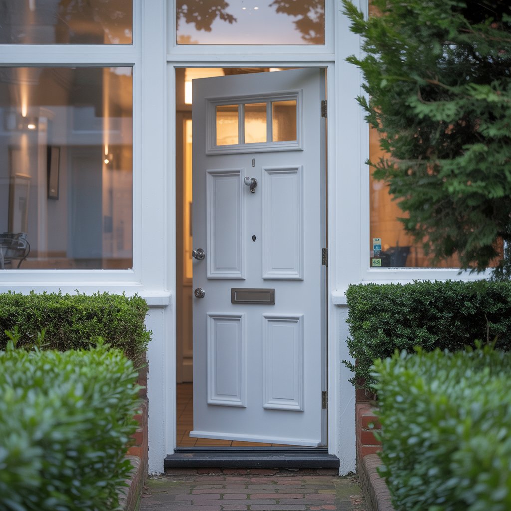 A classic white uPVC front door with glazed panels for a Sheffield home