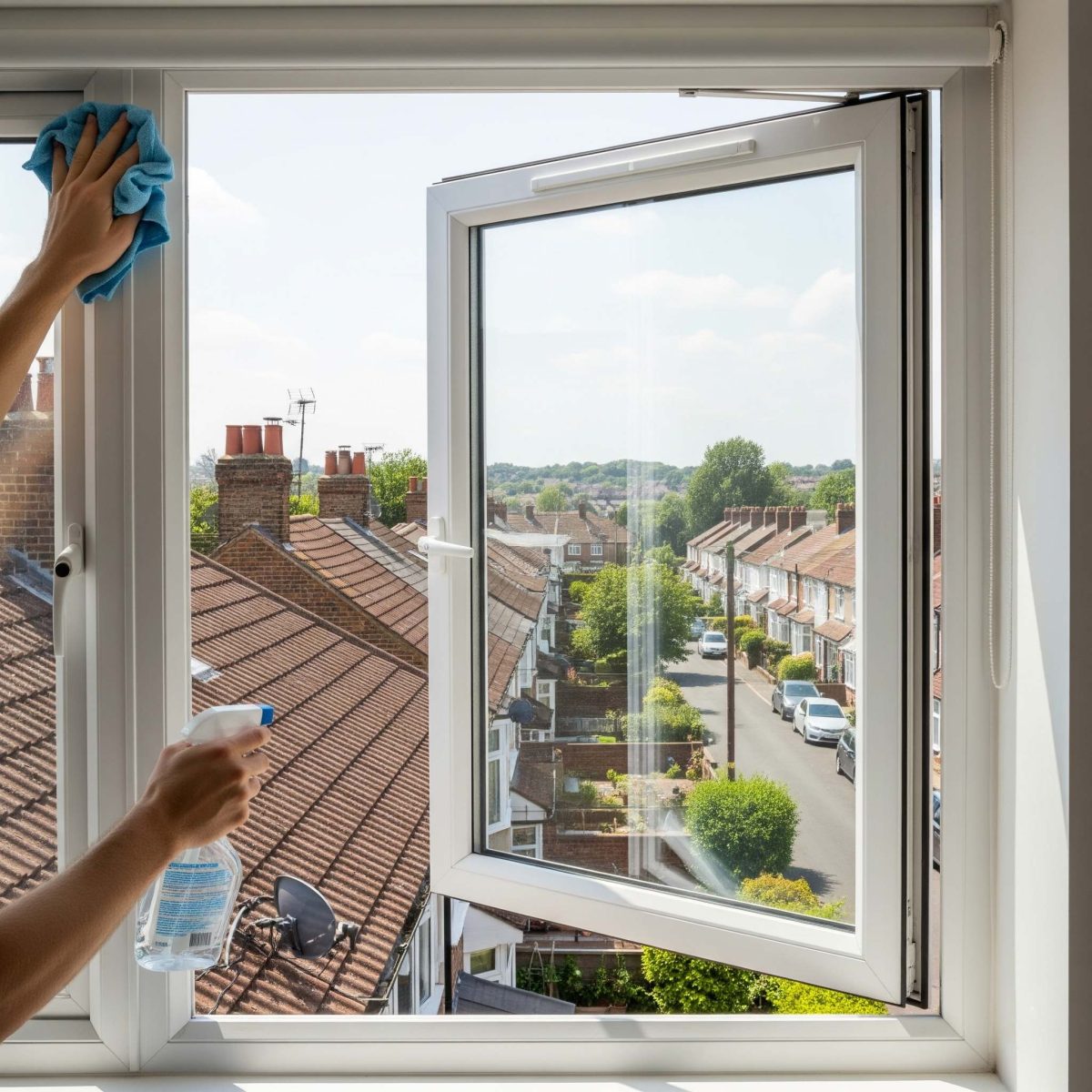 A uPVC tilt and turn window swung fully open for easy cleaning.