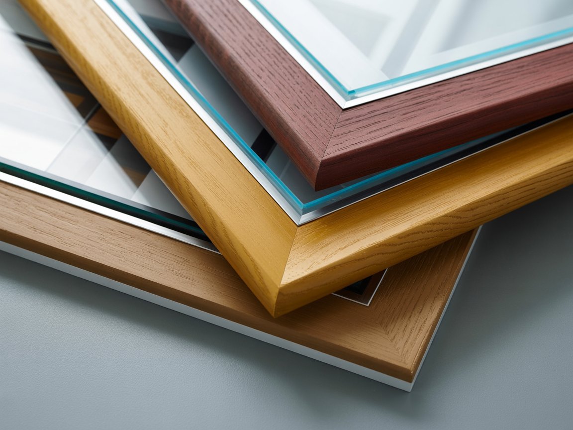 Colour swatches showing realistic woodgrain finishes for uPVC windows.