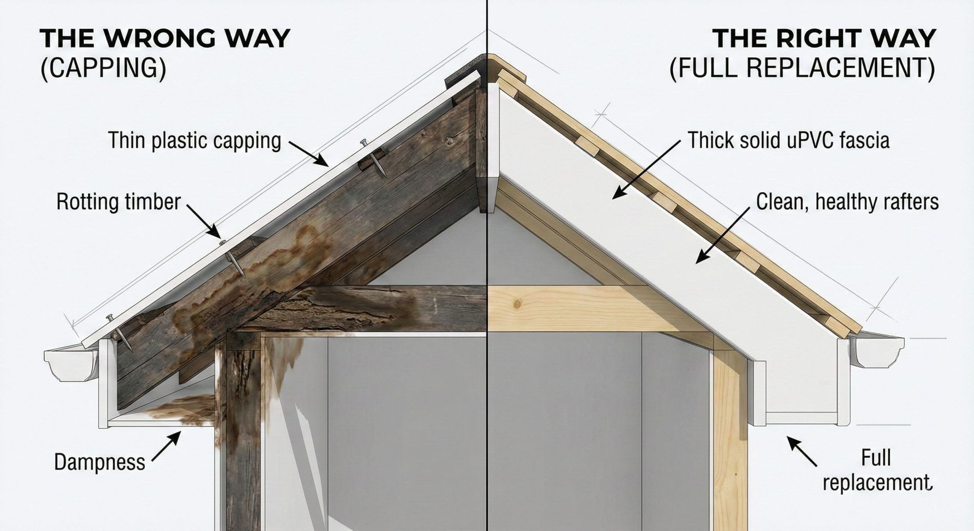 Comparison showing removal of rotten timber versus a clean new installation.
