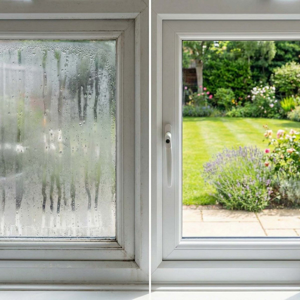 Split image showing a misted window pane and a repaired clear window pane